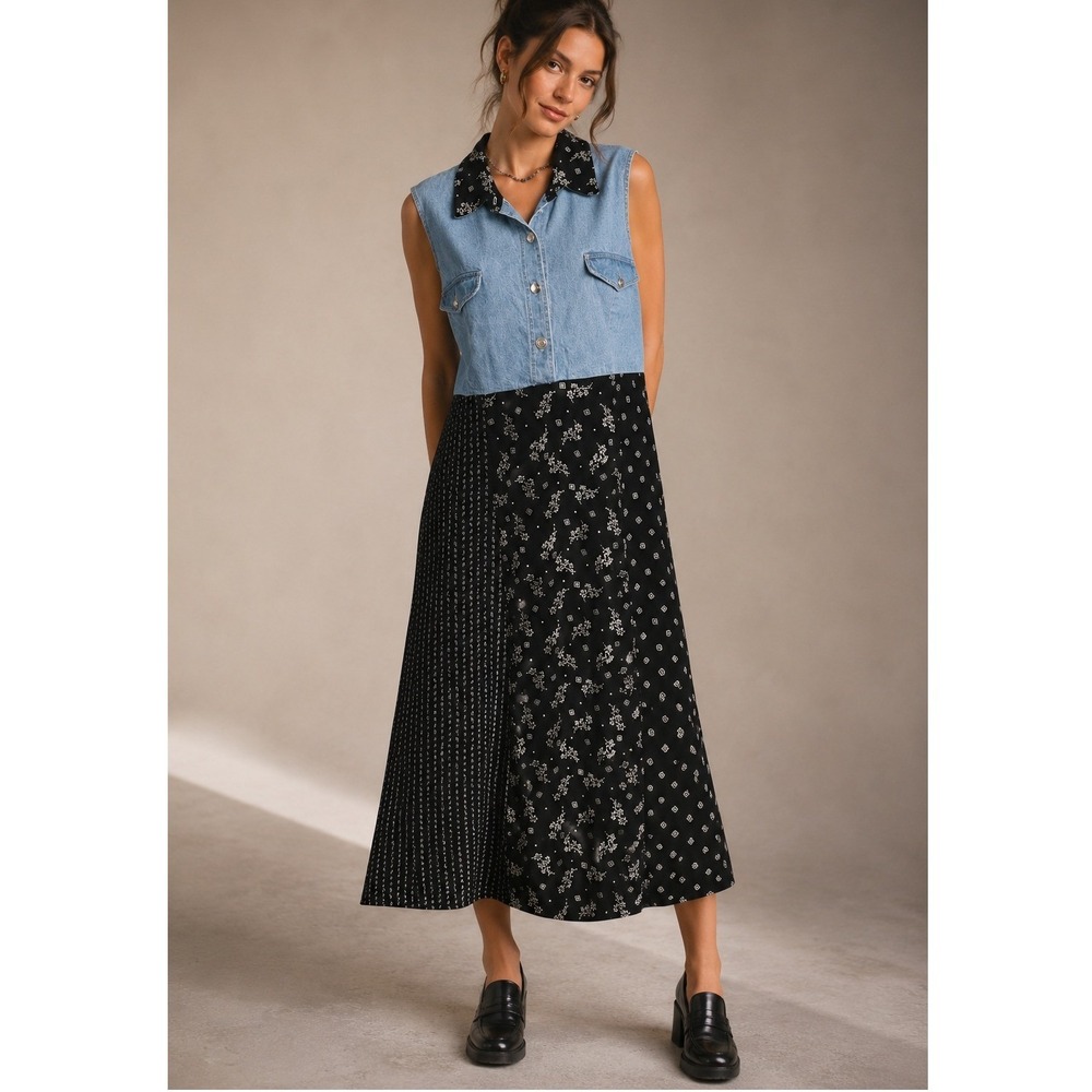 Vintage 90s Denim & Floral Midi Dress Black Sleeveless Boho Grunge Collared XXL